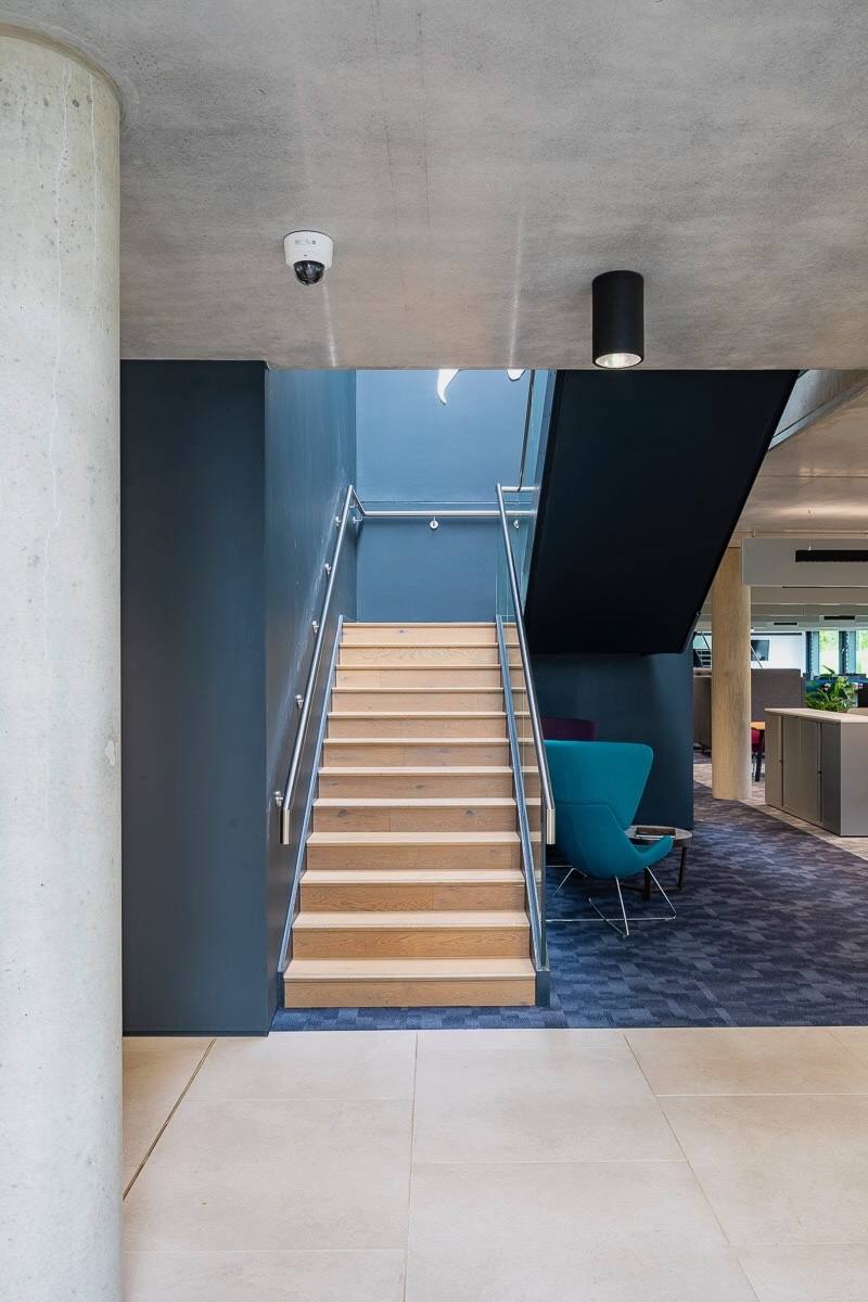 Modern timber staircase inside the CABI office building near Wallingford
